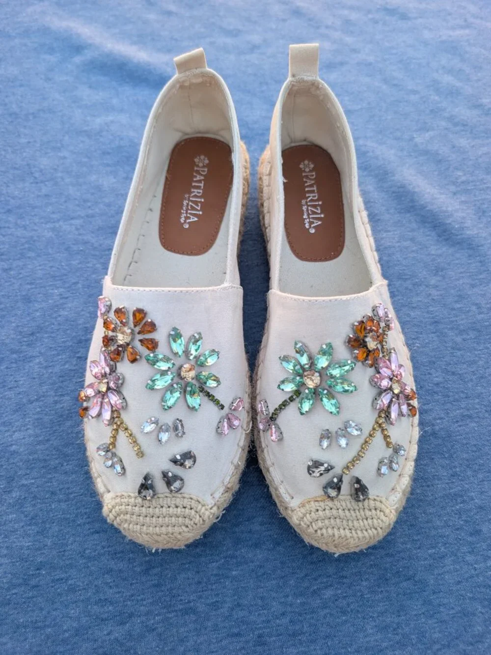 Patrizia Spring Step Women 39 Espadrille Flats Rhinestone Jeweled Floral Slip On